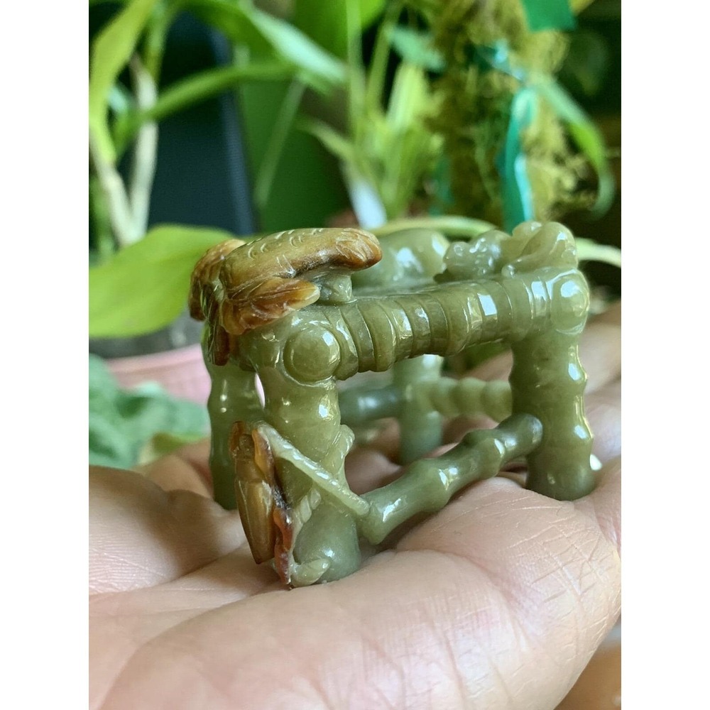 Antique Chinese Natural Jadeite Miniature Bamboo Table Mice Crab Peanut Craved